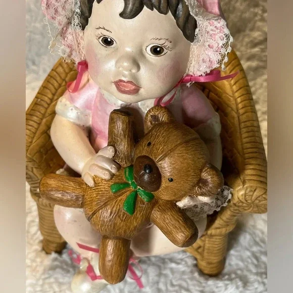 Rare Vintage Ceramic Girl in Wicker Chair Holding a Teddy Bear - Picture 3 of 8